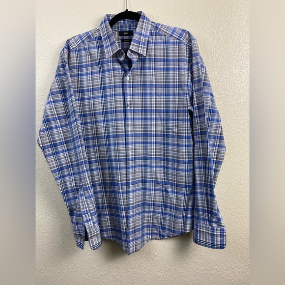 Hugo Boss‎ Plaid Blue Gray Long Sleeve Button Down Shirt Business Casual Large - Picture 1 of 11